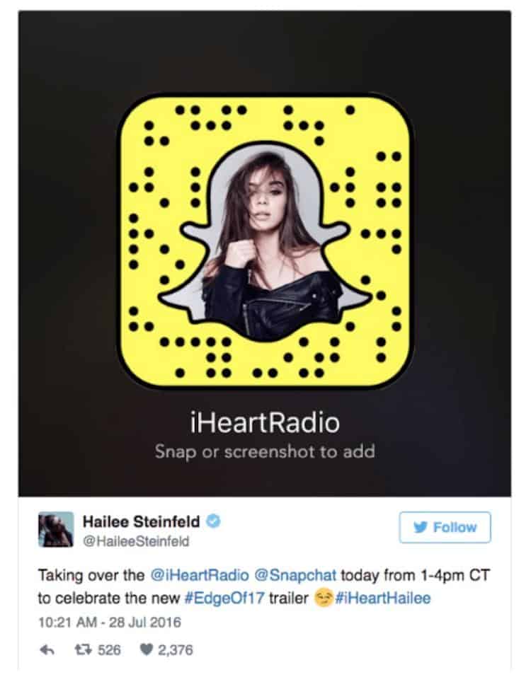 Ejemplo de marketing de influencers en Snapchat iHeart Radio