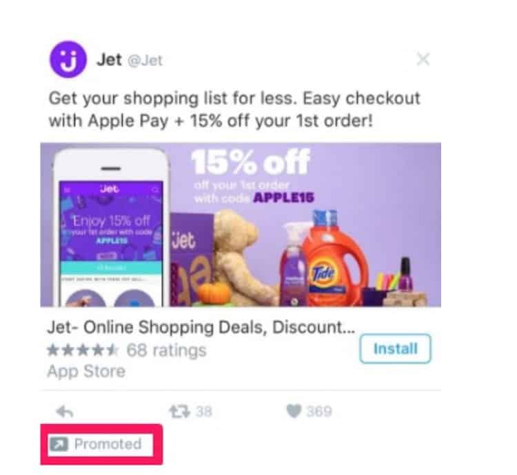 Anuncio de Twitter patrocinado por Jet