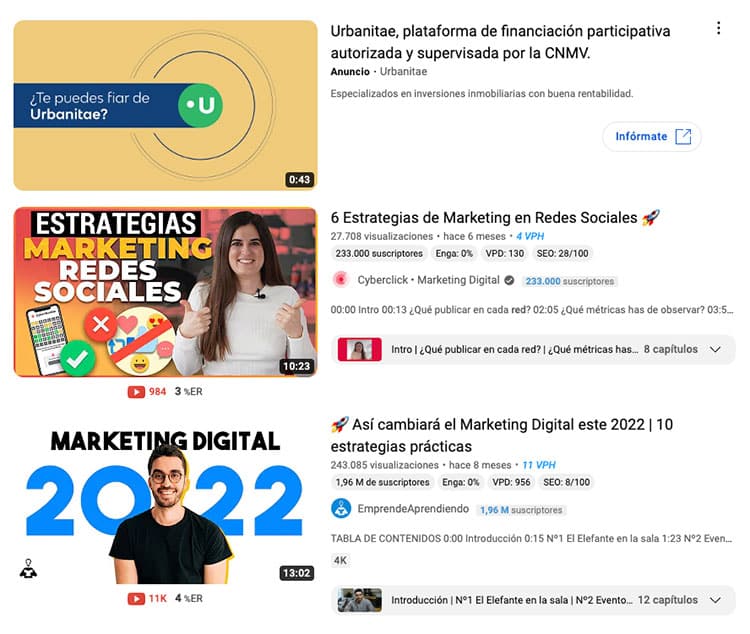 Resultados de búsqueda de YouTube para marketing en redes sociales